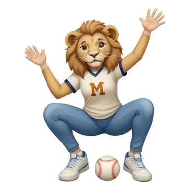 friendly anthropomorphised female lion wearing a baseball shirt, jeans, and trainers, in a squat position, lifting something up sticker