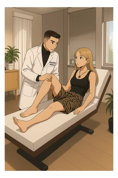 fai un webtoon/manga a colori con questo kinesiologo in camice bianco (fagli la scritta "ANTONIO ANANIA" SUL CAMICE) CHE SVOLGE UN TEST NEUROMUSCOLARE SOLLEVANDO UNA GAMBA ALLA RAGAZZA CHE è STESA SU UN LETTINO BIANCO. STANZA SEMPLICE E MODERNA, DURANTE IL TEST I DUE DIALOGANO TRA LORO. NON FARE I FUMETTI, FAI SOLO LORO COME SE DIALOGASSERO sticker