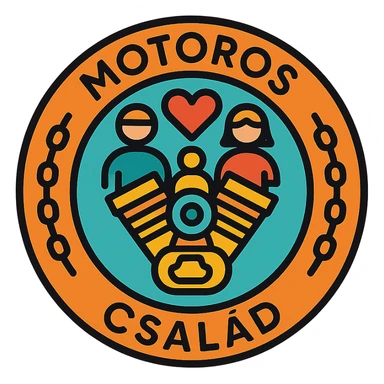 circular motorcycle cap design with the Hungarian phrase 'Motoros Család', featuring motorcycle motifs like motor, heart, chain, family style sticker