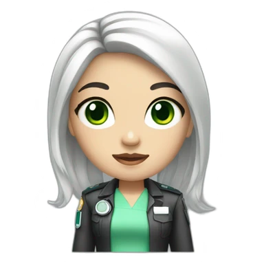 a medic girl with cream, shoulder-length black hair, with accessories, green eyes sticker