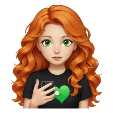 Girl with dark long orange wavy hair, green eyes, and black t-shirt with tiktok on hand sticker