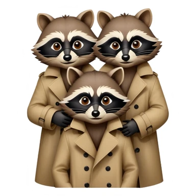 three raccoons stacked on top of each other wearing a trench coat sticker