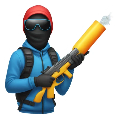 person with ski mask on and a water gun sticker