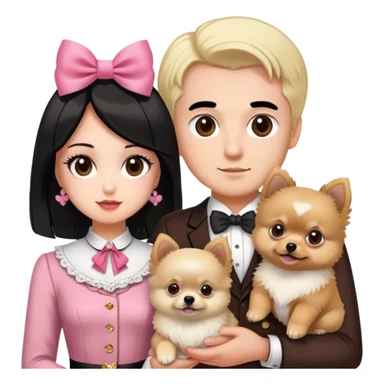 blonde girl old money outfit brown eyes with his boy husband white skin black hair and brown eyes with two pomeranian baby 1 white and another red brown with pink bow for the dogs sticker