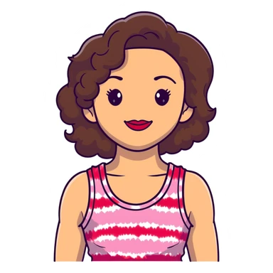 Artistic woman with fair skin, elongated face, abundant dark brown curly hair, large expressive almond brown eyes, full lips with soft red lipstick, wearing pink tie-dye tank top, maternal welcoming smile sticker