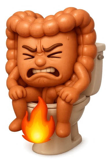 SU QUESTO STILE FAI UN EMOJI STILE IPHONE 3D DI UN INTESTINO CHE sta seduto sul wc e dal wc in mezzo alle sue gambe esce una fiamma stile emoji iphone, FAGLI UN ESPRESSIONE di dolore mentre si sforza E FALLO MOLTO REALISTICO IN 3D sticker