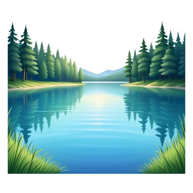 Cinematic Realistic Lake Emoji, Calm and reflective, with clear blue waters mirroring the surrounding landscape, framed by tall trees and grassy shores. The sunlight sparkles on the water’s surface while birds and animals play at the edge. Soft glowing outline, capturing the essence of peaceful serenity in a tranquil lake. sticker