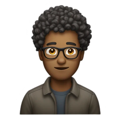 guy with curly hair and glasses making a bomb sticker