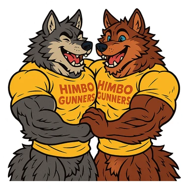 two extremely muscular wolf furries with exaggerated and highly detailed muscles, wearing t-shirts that say 'Himbo gunners', hugging each other, friendly and joyful expressions, very detailed fur and anatomy, high quality sticker