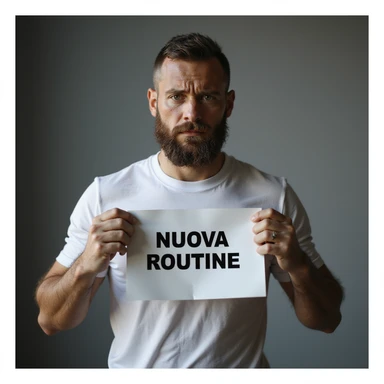 hyperrealistic 4K image of a sporty man with a sad expression, holding a sheet with the text 'NUOVA ROUTINE', no background sticker