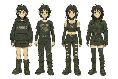 outfit designs for a VTUBER OC. The style is mixed 90's grunge, punk, lots of black and white in the color scheme, futuristic aesthetic. Clothing has small rips and tears from wear, logos and designs are faded. Garage, Shoegaze, postmodern style. character design concept art outfits for a female. [[FUTUREPUNK CYBERGOTH]] front on view, not 3/4 angle or any angle, perfect front sticker