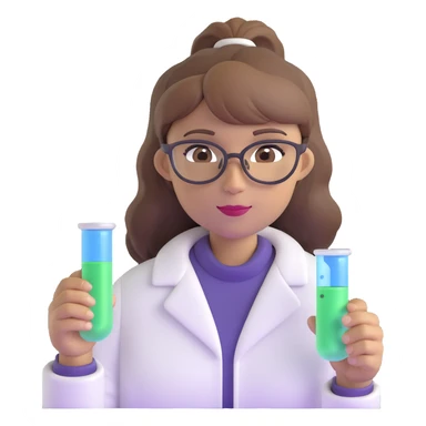 middle-aged science teacher, light brown hair in ponytail with bangs, brown eyes, holding a test tube with bubbling liquid sticker