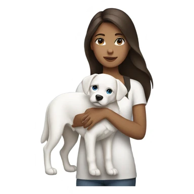 brunette girl with blue eyes holding a white dog sticker