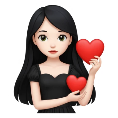 Pale girl with long black hair and black dress with holding black heart sticker
