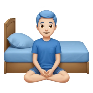 emoji- of a smiley boy sitting on the bed with legs on the floor sticker