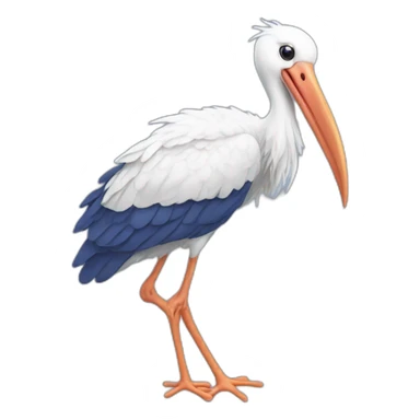  white stork with long legs and a long beak flying in the sky and carrying a blue bundle of cloth in its beak that has a cute baby face peeking out from it sticker