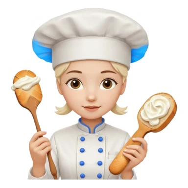 Young female baker - white chef hat, holding cream piping bag to milk oil on bread sticker
