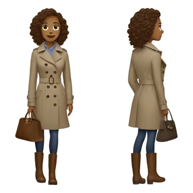 Woman with brown wavy hair and a trench coat with brown boots and a longchamp tote bag sticker