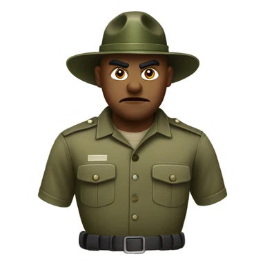 drill sergeant character wearing a classic sergeant hat and a camouflage army shirt. The character should have an angry intense expression. full torso sticker