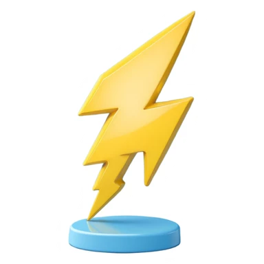 A cute 3D render icon of a lightning bolt shape. Rounded edges, plump and glossy yellow plastic material. Soft studio lighting, cheerful style. Isolated on a clean light blue gradient background. High quality, minimalist design isolated on a solid black background. sticker