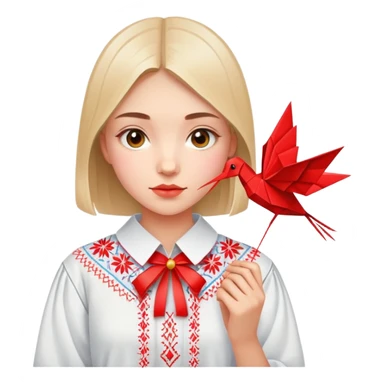 Ukrainian young girl in traditional embroidered vyshyvanka shirt holding a red origami paper crane sticker