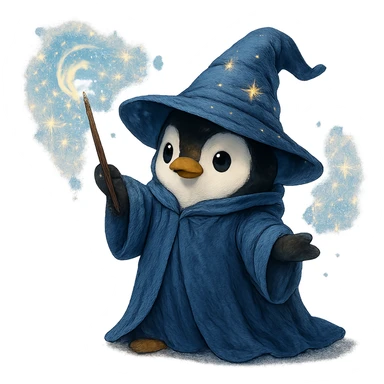 penguin wizard casting a spell, sparkles, wizard robe, fantasy vibe sticker