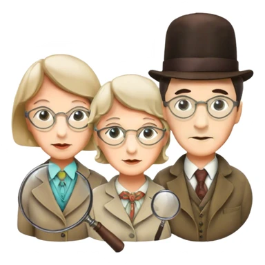 Icon for Detective Movies: A colorful collage with Sherlock Holmes, Miss Marple, and Pinkerton. Include magnifying glasses, clues, and detective tools. The design should evoke mystery and intrigue, with a classic detective movie feel. Transparent background. sticker