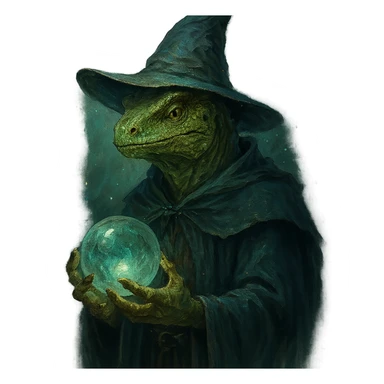 lizard man wizard, holding a crystal orb, pointed hat, enchanted atmosphere sticker