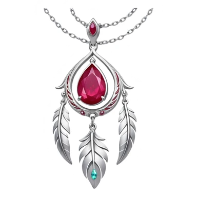 cosmic phoenix talisman, teardrop ruby with feather details, radiating rebirth, floating silver chain sticker