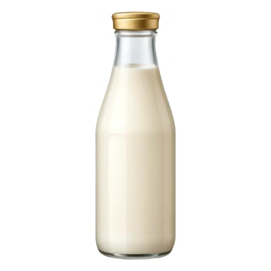 tall clear or opaque glass bottle filled with creamy white liquid, sealed with simple cap, soft natural shape, faint label hinting goat origin, no text or branding, milk richer tone than cow's milk, soft lighting, subtle shadows, emoji scale sticker