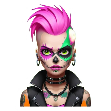 Cyberpunk female punk, pink mohawk, skull face tattoos, bionic neck, aggressive expression, neon green lighting sticker