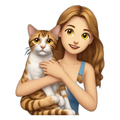 a beautiful girl with blue eyes and brown hair is holding a Bengal cat with yellow eyes in her arms sticker