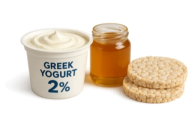 Yogurt Greco 2%
Miele (senza il cucchiaio di legno)
Gallette di Riso
vista frontale, iperrealistico 4k sticker