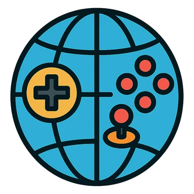 stylized globe with meridian lines integrated with gaming controller buttons and joysticks, icon sticker