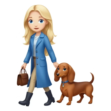 blonde girl with long hair and blue eyes walking with a dachshund sticker