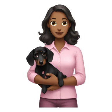 a brunette woman in a pink shirt, with white skin, holding black dachshund puppy in her arms lovingly sticker