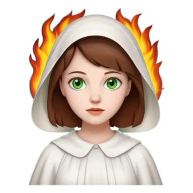 Handmaid woman with brown hair and green eyes. Only head. Background fire sticker