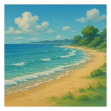 ghibli style peaceful beach scene with gentle waves sticker