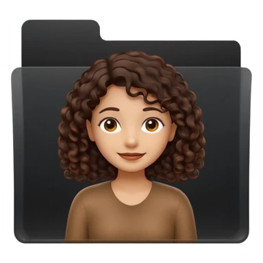 A **simple emoji-style icon** of a **black black black transparent plastic folder**, sleek and minimal, with **rounded corners**, subtle translucency, soft shading, and a **small illustrated logo of a canela-skinned girl with natural curly dark hair and a warm smile**, simplified and icon-like.
 sticker