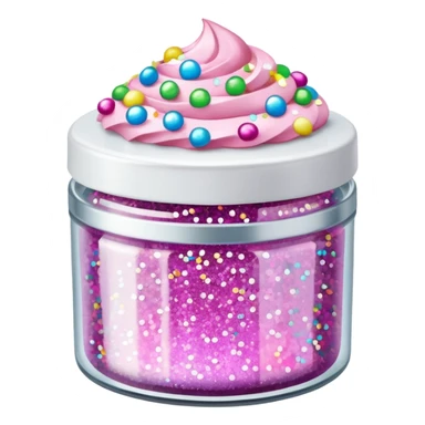 silver glitter in a small clear circular container with white lid, can of sprinkles, and pink cupcakes (all isolated)  sticker
