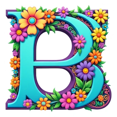 3D, gothic style psychedelic colored Letter D with hippie style flower border sticker