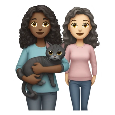 Family emoji, one woman with straight dark brown hair, one woman with curly long dark hair holding a dark grey cat and a grey tabby cat  sticker