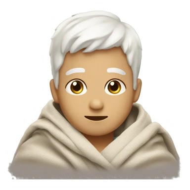 A boy with short white hair is sitting wrapped in a blanket sticker