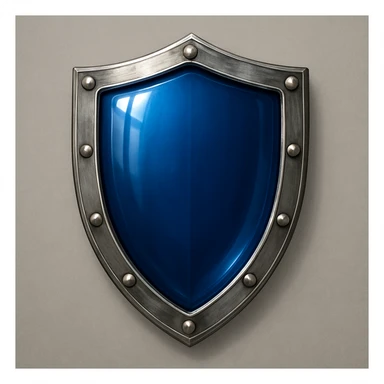 shield facing directly forward, deep blue shiny glass-like center, metallic border, no symbols, no sword, match the style and perspective of the reference image sticker