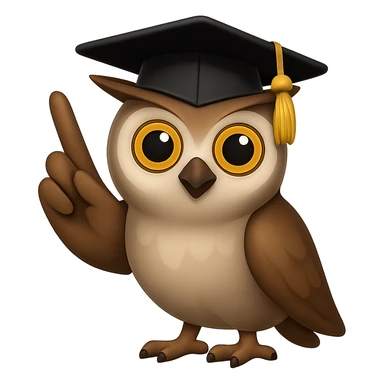 В стилистике эмоджи сгенерируй сову, со шляпой выпускника университета, крылом она мудро показывает вверх, чтобы она своим видом иллюстрировала мудрость и опыт, прозрачный фон sticker