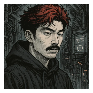 Asian man with black mustache, red hair, black hoodie, Japanese manga style inspired by Ghost in the Shell, cyberpunk atmosphere, detailed linework, monochrome with subtle color accents sticker