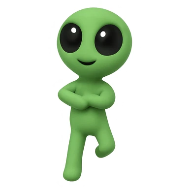 Create a neon green alien dancing, almost identical to the reference image, with minimal changes in the positions of arms and legs, looking straight ahead. This is frame 14 of the animation. PNG with transparent background. sticker