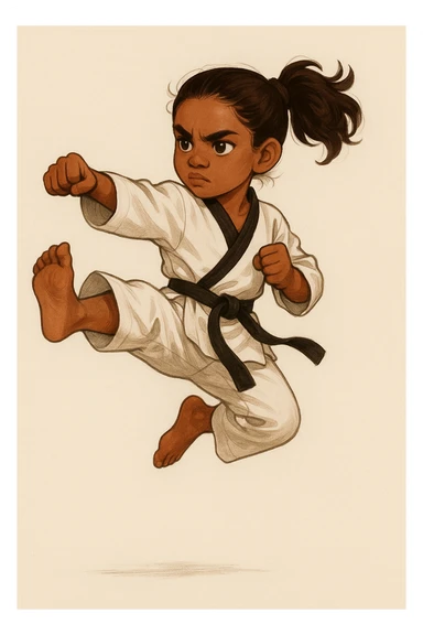brown-skinned girl with brown hair in a ponytail mid-air taekwondo kick, determined look, martial arts outfit, plain background sticker