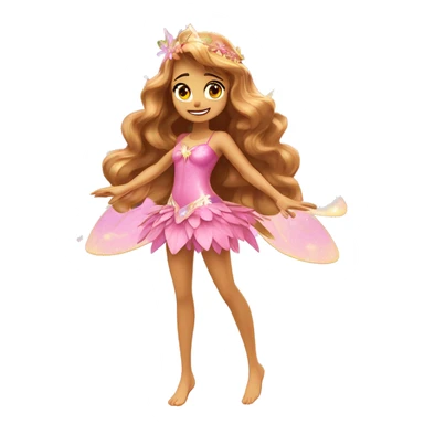 Flora the adult latina fairy of nature in her enchantix fairy pink clothing and fairy enchantix wings and long light brown hair from winx club. Small eyes, Lots of sparkles and fairydust. Full body and full fairy bliss sticker