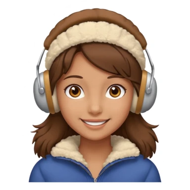 A girl wearing beige ear muffs, tan skin, brown hair, brown eyes smiling sticker